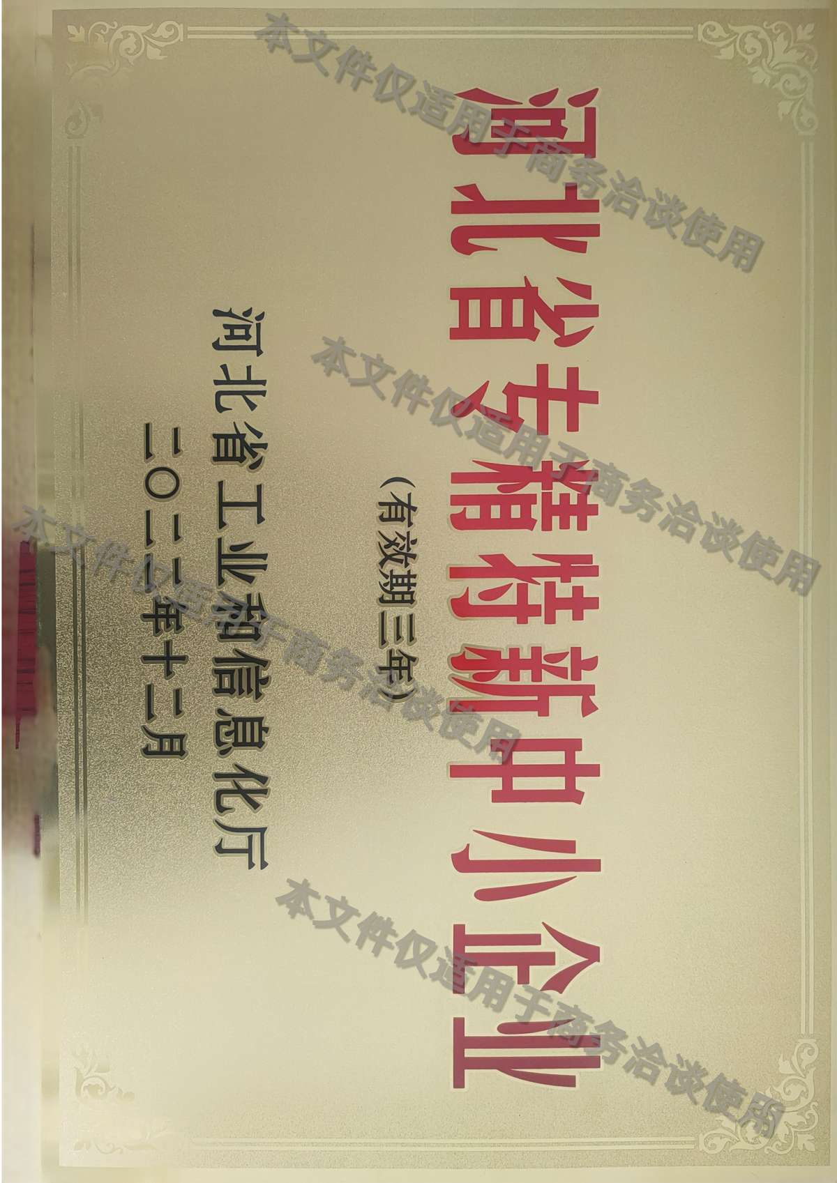 河北省专精特新中小企业证书